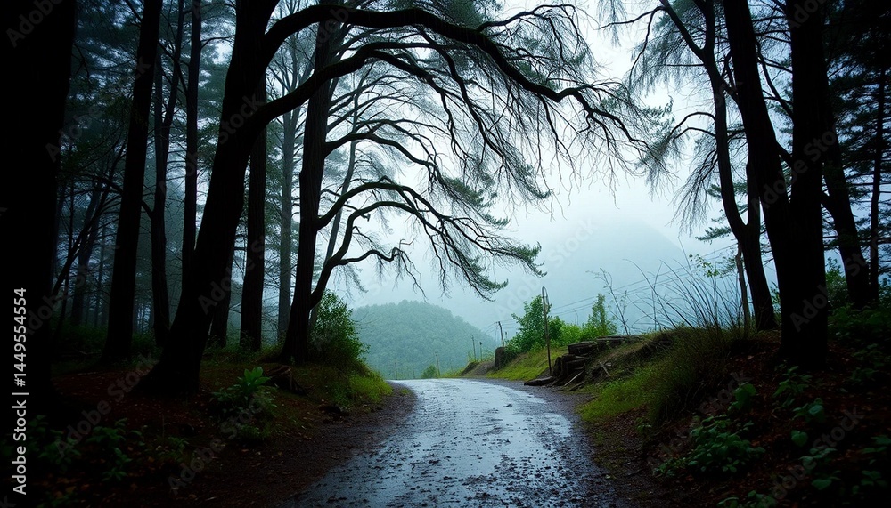 Fototapeta premium Rain-Soaked Forest Path Winding Through Dark Pines to Misty Hills