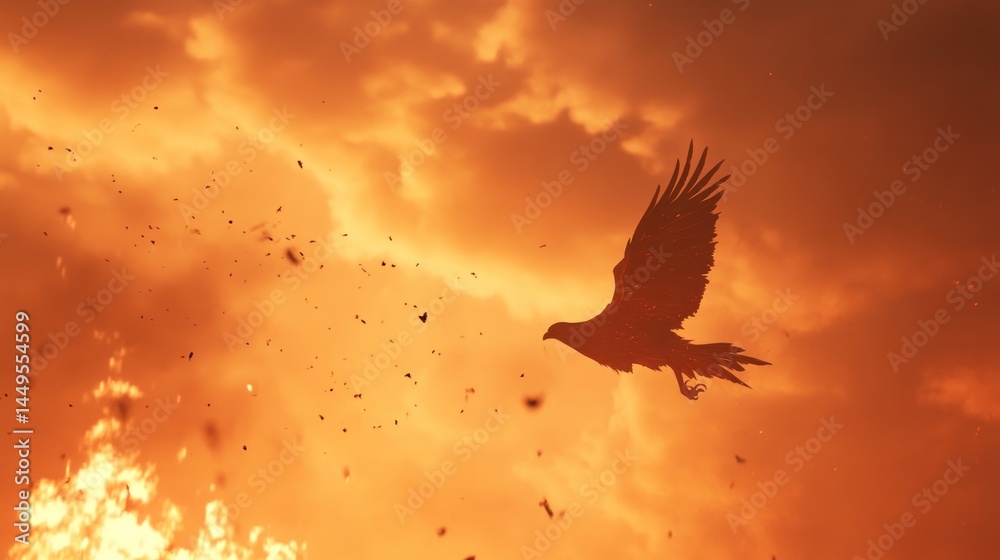 Obraz premium Eagle soaring above wildfire, fiery sky, environmental disaster, stock photo