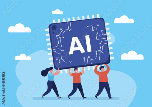 Illustration of a business team collaborating around a large AI chip, symbolizing innovation, technology, teamwork, and future progress in a digitally connected enterprise and creative development env