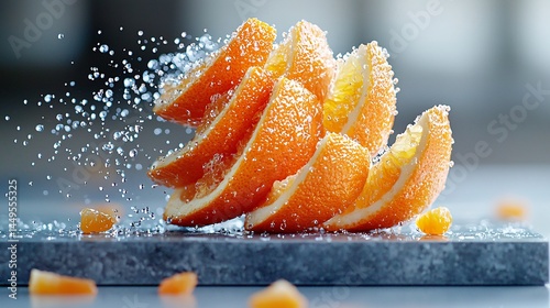 Oranges sliced and stacked in layers on a slate gray board with detailed pulp textures, water droplets catching the light, photo-ready lighting with natural tones
