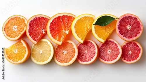 Symmetrical arrangement of citrus wedges along one vertical edge, soft white backdrop, realistic texture, stock-photo ready, high contrast and clarity, no people