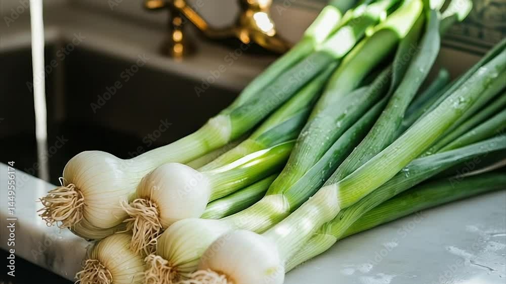 Fresh spring onions under running water