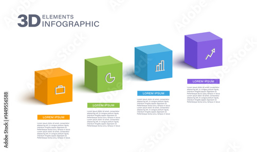Business process chart infographics with 4 step cubes. Cubic corporate workflow graphic elements. Company flowchart presentation slide. Vector infographic in isometric design.
