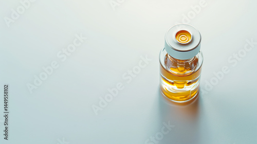 Sleek glass bottle with golden liquid placed on white surface, symbolizing weight loss medication, health supplement or detox drink concept. Minimalist and modern packaging design for wellness product
