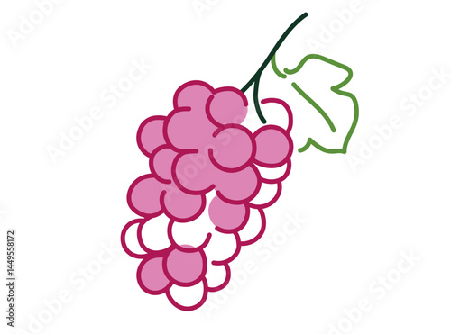Pink grape bunch with green leaf. Flat cartoon illustration of fruit for food design, sticker and print