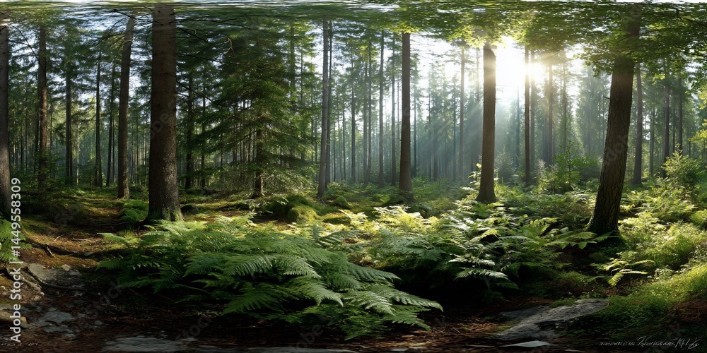 Obraz premium Sunny forest floor, lush ferns and trees, tranquil scene