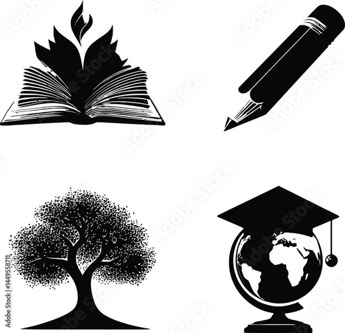 Set of Four Educational Symbols Featuring an Open Book with a Rising Flame, Crossed Pencils, a Flourishing Tree, and a Globe Topped with a Graduation Cap | Knowledge, Creativity, Growth, and Global
