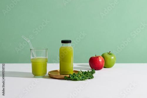 A bottle of Green Apple Juice with Fresh Kale and Apples