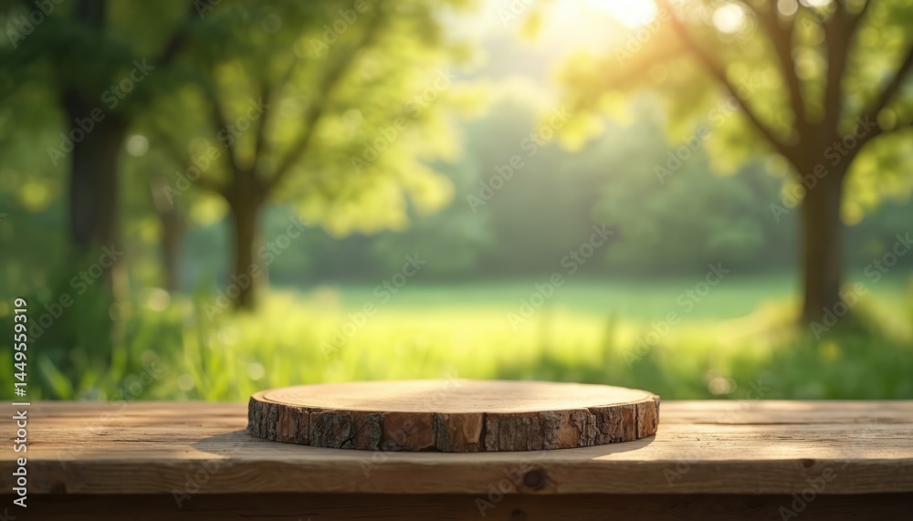 Wooden tree stump podium product display table in natural farm landscape background. Nature, eco product promotion presentation, advertising. Mockup platform on summer sunny meadow. Advertising space