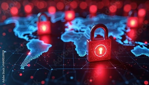 Digital illustration features global cybersecurity concept. Red glowing padlocks on world map. Cyber threats, data protection, network security, digital security concept.