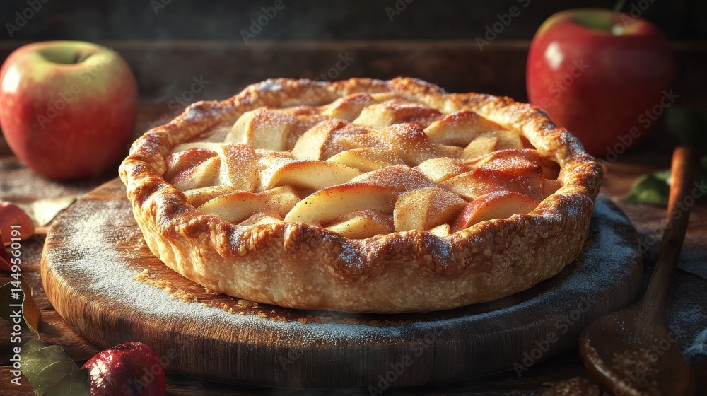 A freshly baked apple pie with a golden, flaky crust and a dusting of cinnamon sugar.. A freshly baked apple pie with a golden, flaky crust and a dusting of cinnamon sugar..
