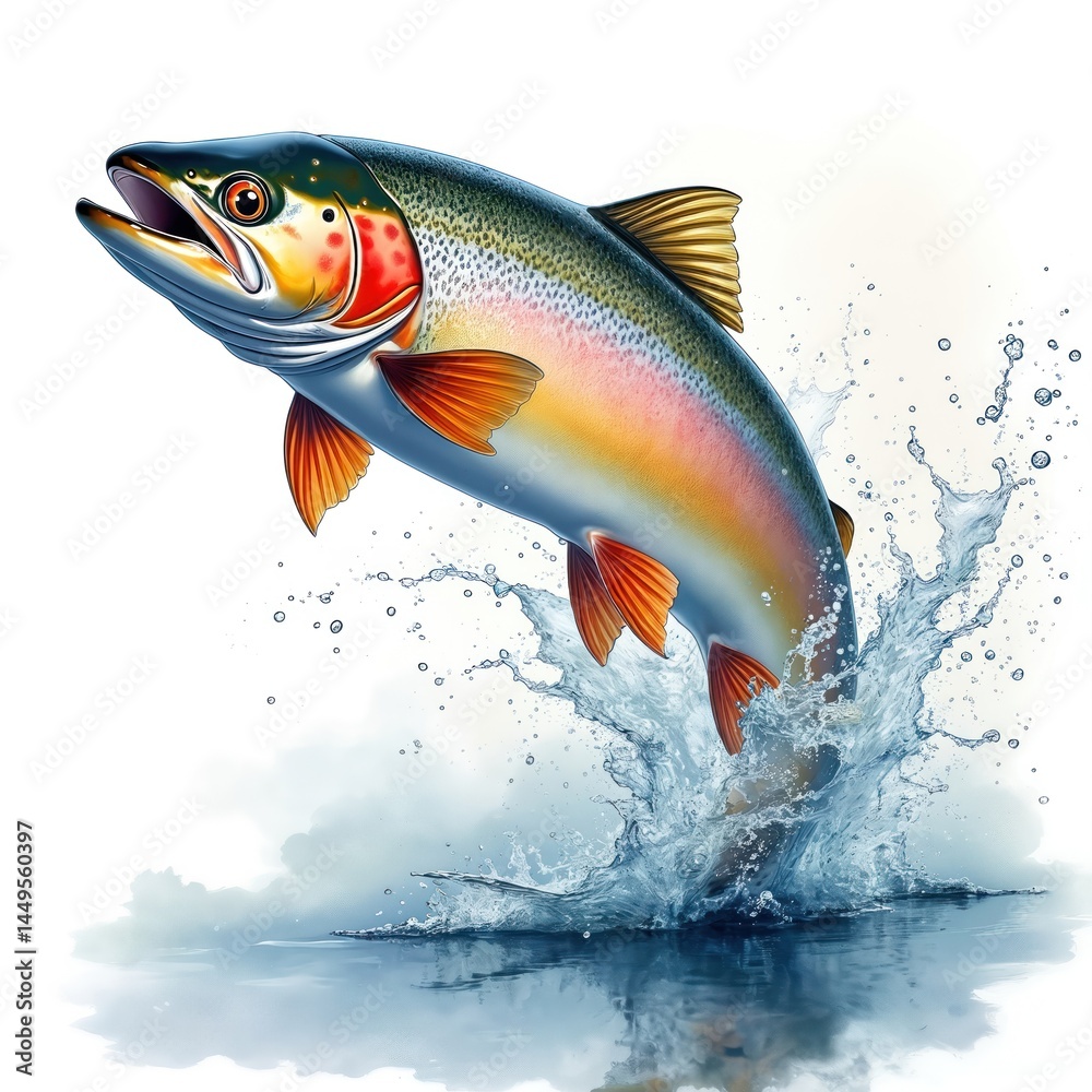 Vibrant sea trout leaps from water, creates splash. White background highlights aquatic life, fishing. Trout illustration shows dynamic action. Refreshing, lively, colorful water splash art.