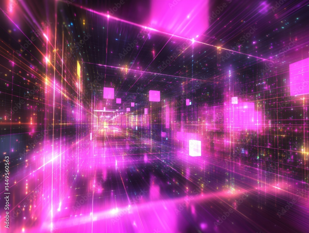 Obraz premium Abstract Pink and Purple Glowing Grid Tunnel with Floating Cubes and Sparkling Lights