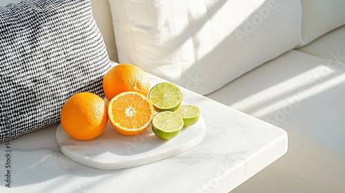 Fresh citrus still life with oranges and lime wedges on white marble edge, soft daylight spilling in from the top left, high-resolution pulp textures and crisp color separation