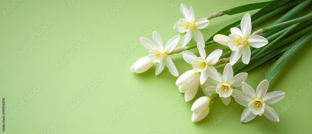 Obraz premium Delicate White Daffodils on Light Green Background with Copy Space for Springtime Greetings
