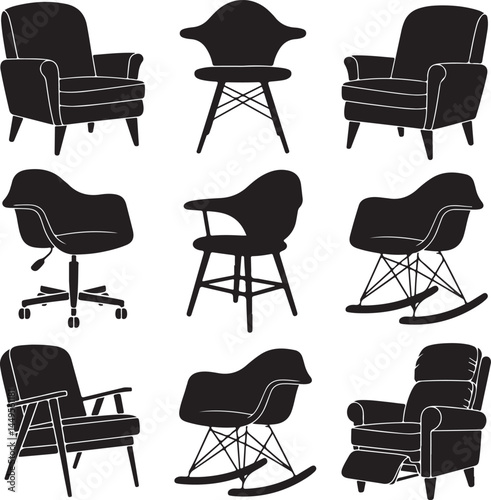 Black Chair Silhouettes Clipart – Armchair, Office, Stool, Rocking & Mid-Century Chair Vector Set

