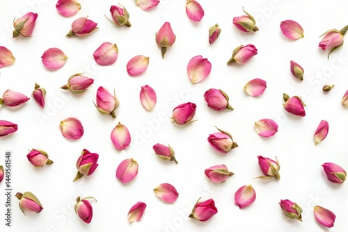Pink Rose Buds and Petals on White
