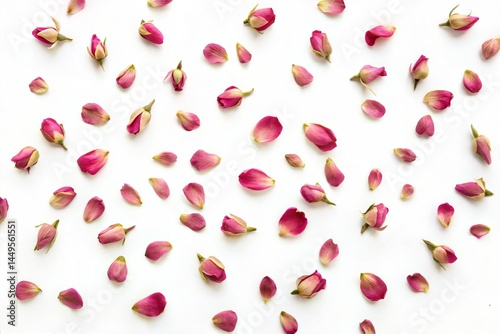 Pink Rose Buds and Petals Scattered on White