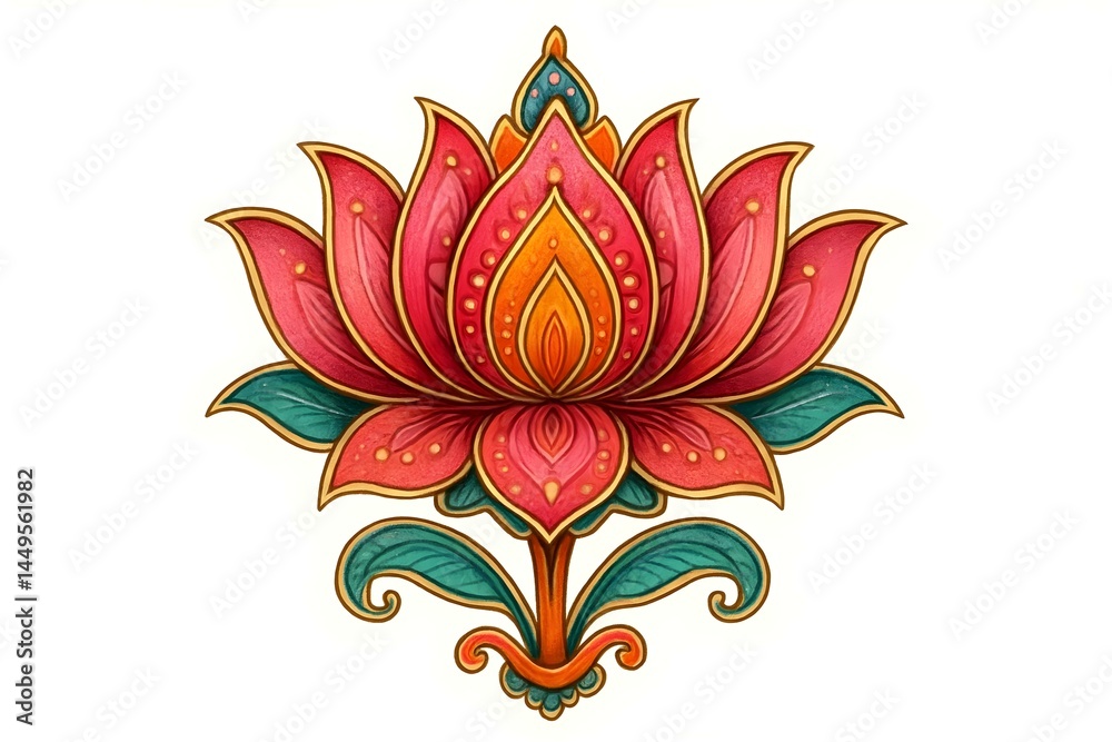 A vibrant, stylized lotus flower with intricate details in shades of pink, orange, and green against a white background. Concept Vibrant Lotus Design, Intricate Floral Details