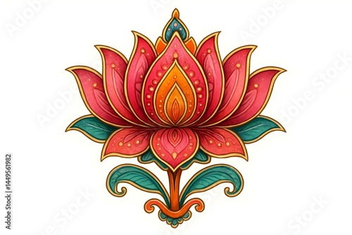 Obraz na płótnie A vibrant, stylized lotus flower with intricate details in shades of pink, orange, and green against a white background. Concept Vibrant Lotus Design, Intricate Floral Details w salonie