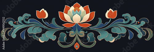 Golden lotus and scrollwork intertwine on a dark blue background, showcasing the elegance and harmony of Eastern art.