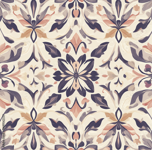 seamless floral pattern，Vintage patterns intertwine on a beige background, showcasing the perfect blend of elegant geometric designs and natural elements.