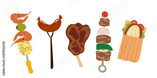 Outdoor picnic elements in cartoon flat style. Barbecue, sausages, sandwich. Food stickers. Outdoors weekend BBQ grill food