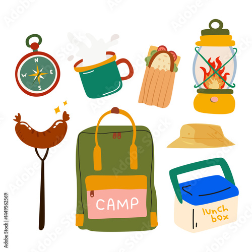 Camping equipment stickers collection in retro cartoon style for nature outdoor adventure. Trekking, travel, tourism concept. Travel backpack, compass, lunch box