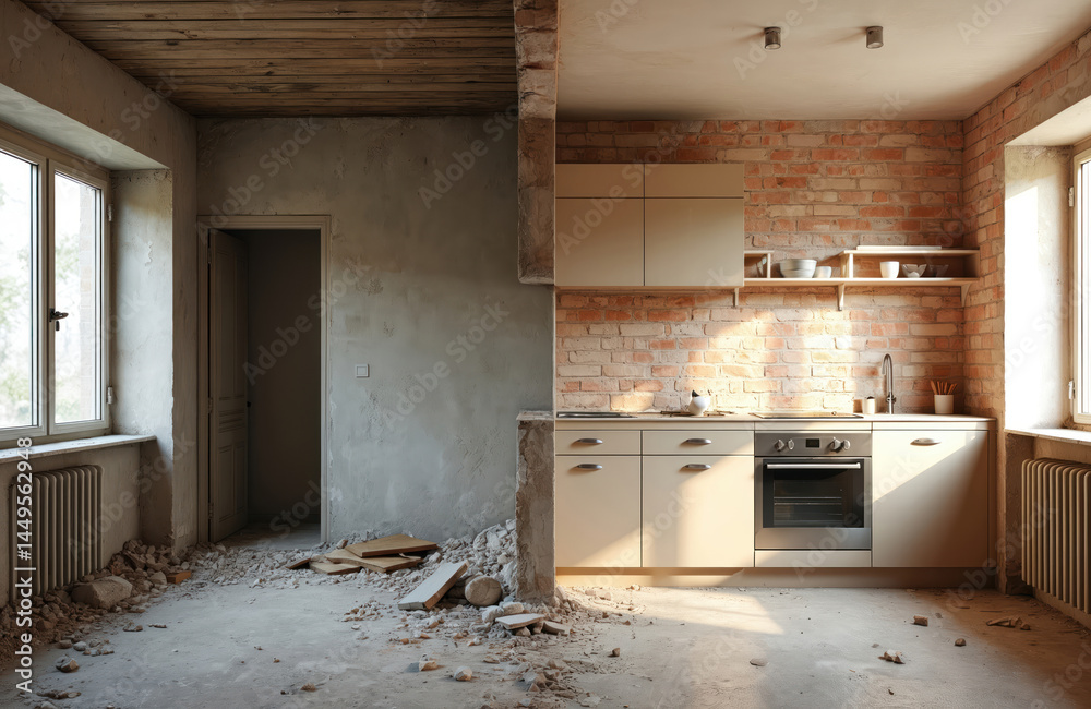 Interior renovation concept. Apartment before after restoration refurbishment with kitchen. Interior design shows walls, window, floor, door. Construction work process, home repair. Architecture, new