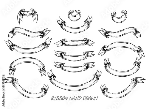 Ribbon banners. Hand drawn sketch elements for posters logos invitation cards, retro heraldic ribbons. Vintage vector.