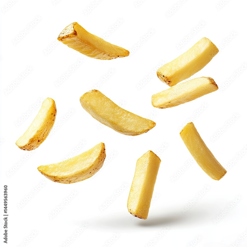 Crispy potato wedges in mid-air Crispy potato wedges in mid-air