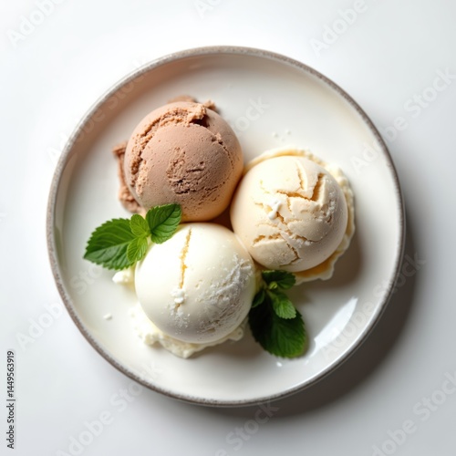 Top view of three ice cream scoops on white plate with mint leaves. Delicious dessert, various flavors, simple elegant food photo. Perfect for restaurant menu design, culinary blog content.