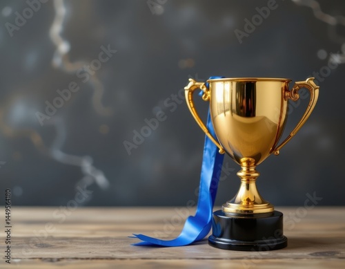a single gold trophy with a blue ribbon, placed on the right side of the image, leaving ample copy space on the left for a congratulations card #1 winner message.