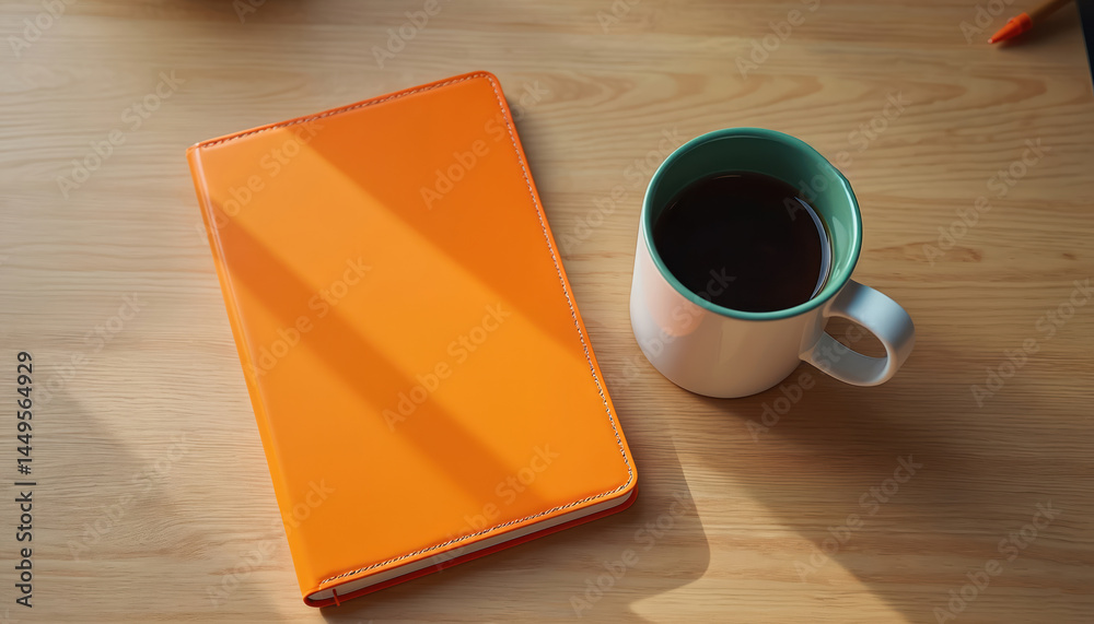 Orange notebook on wooden table with coffee mug. Cozy workspace, top-down view. Note-taking, writing in notebook, ideas, inspiration, goals, plan, organisation. Life events moments. Freelance, home