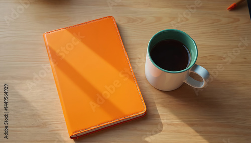 Obraz na płótnie Orange notebook on wooden table with coffee mug. Cozy workspace, top-down view. Note-taking, writing in notebook, ideas, inspiration, goals, plan, organisation. Life events moments. Freelance, home w salonie