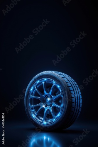 fresh new car tires on dark background banner design, glossy modern style with electric blue tones, subject at the bottom, clear copy space at the top