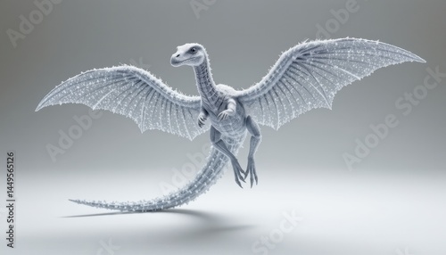 a holographic pterodactyl formed by particles, in silver tones, position subject at the top with clear copy space at the bottom.