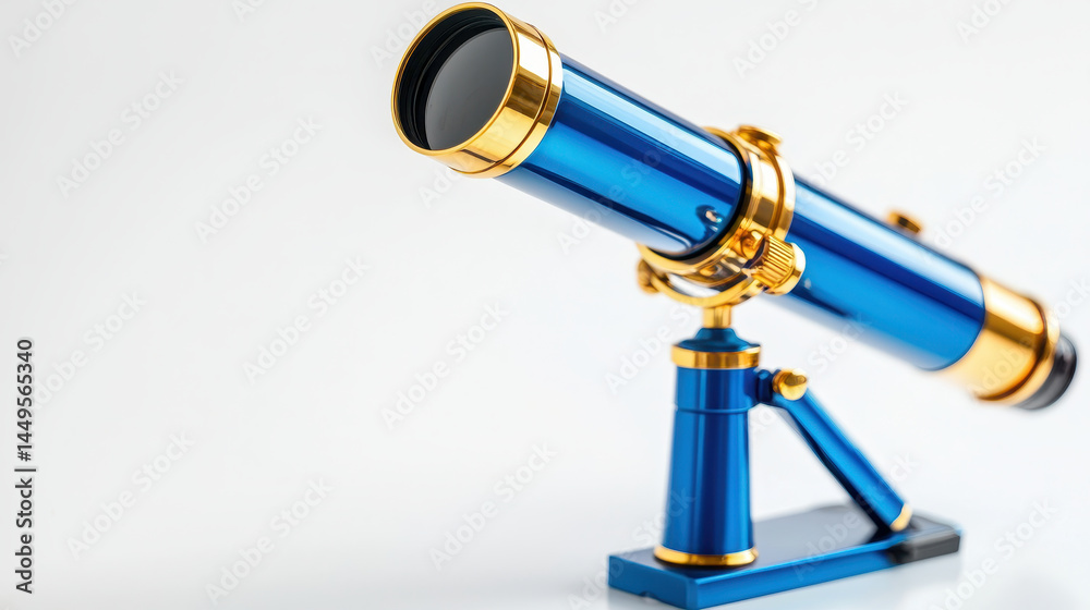 Fototapeta premium Blue and gold telescope stands elegantly on white background, showcasing its sleek design and intricate details, perfect for stargazing