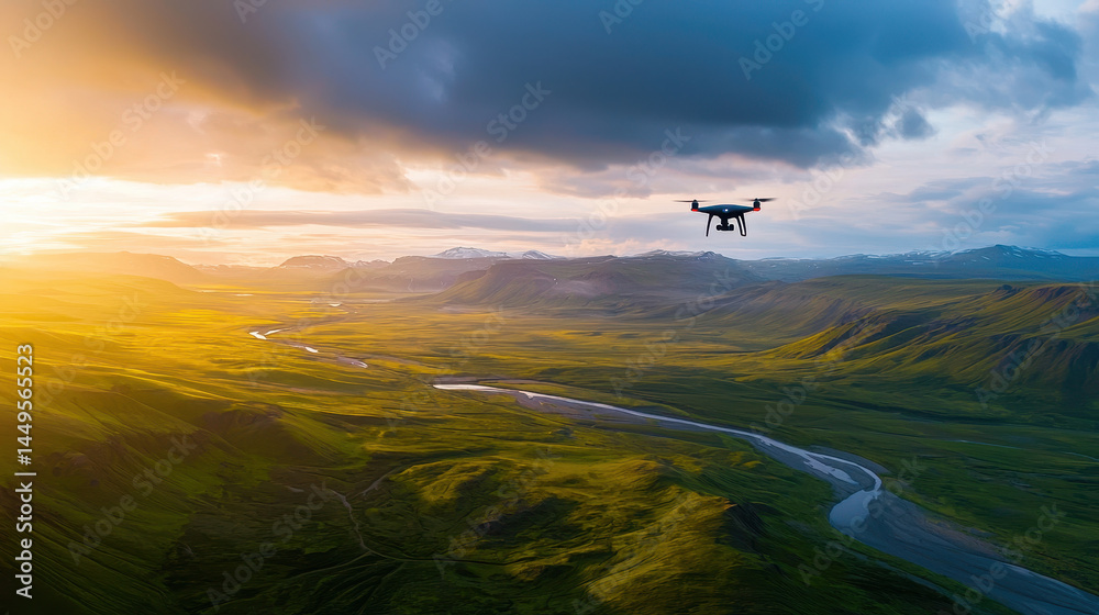 Fototapeta premium Drone flying over lush green landscape at sunset, capturing beauty of nature and technology in harmony