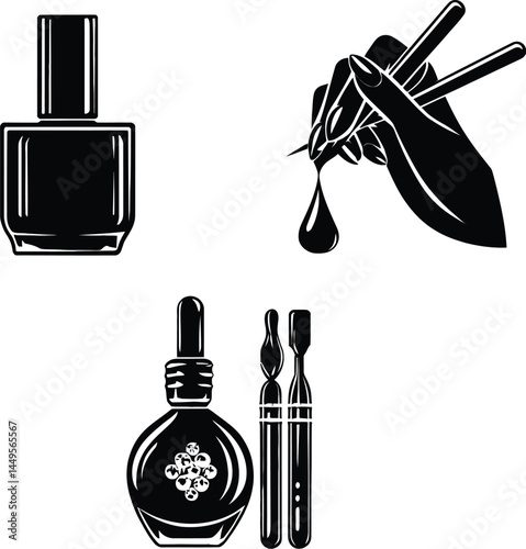 Set of Four Nail Care and Beauty Product Silhouettes Featuring a Bottle of Nail Polish, a Hand Holding a Brush with a Droplet, a Perfume or Essential Oil Bottle, and Two Nail Care Tools | Personal Gro
