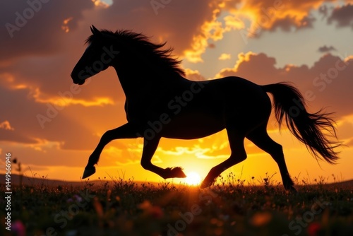 black stallion silhouette galloping in the sunset, with dramatic sky colors.