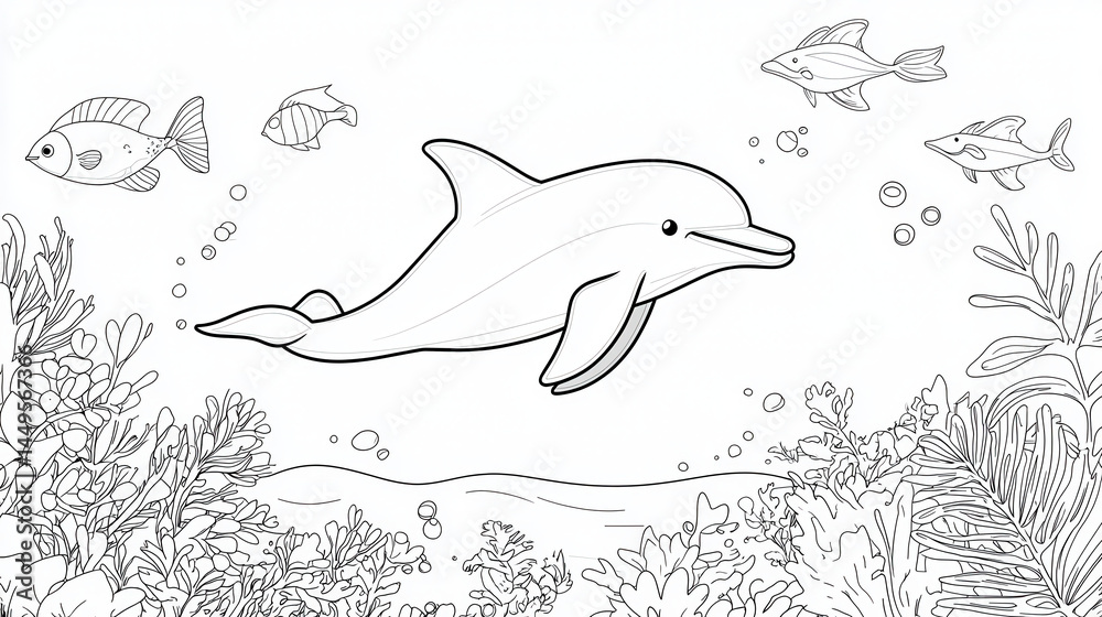 Obraz premium Playful dolphin swims among colorful fish in vibrant underwater scene filled with coral and sea plants, evoking sense of joy and wonder