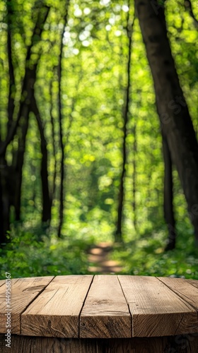 an empty wooden table in a forest with trees in the background 