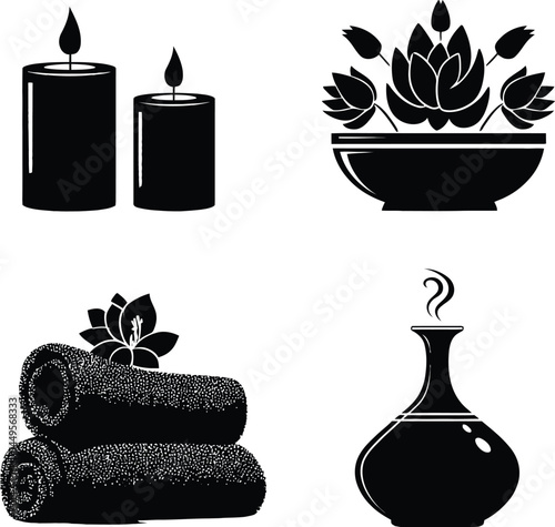 Vector Set of Four Spa and Wellness-Themed Silhouettes, Featuring Two Lit Candles Side by Side, A Bowl with Lotus Flowers, Two Rolled Towels with a Flower on Top, and an Aroma Diffuser Emitting Gentle