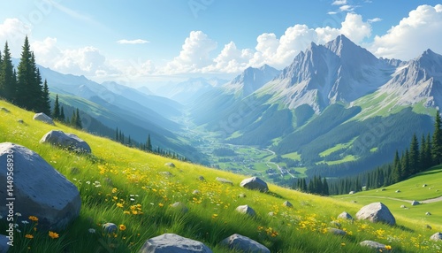 Scenic alpine meadow with mountains background. Green valley with grass, yellow flowers under blue sky. Summer landscape, travel, tourism, hiking, vacation. Ideal for print, posters, website