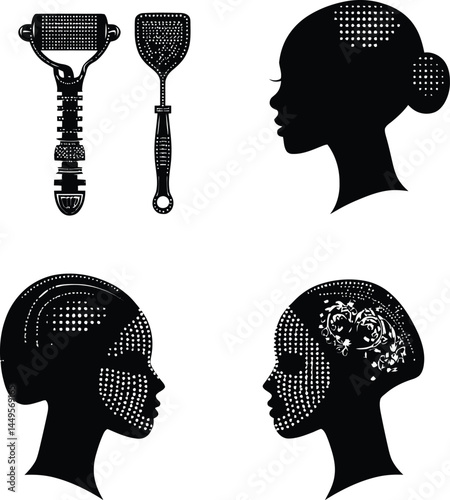 Vector Set of Four Facial Care and Massage Tool Silhouettes, Featuring a Textured Roller for Skin Treatment, a Flat Scraper for Massage or Gua Sha, and Two Profiles with Intricate Facial Designs