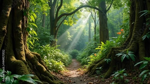 Sunbeams illuminate a tranquil forest path lush foliage and ancient trees create a serene nature scene