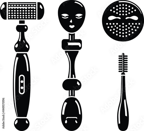 Vector Set of Four Facial Skincare Tool Silhouettes, Featuring a Derma Roller with a Needle-Covered Head, a Facial Massage Tool Shaped Like a Human Face, a Round Facial Cleansing Brush with Soft Brist