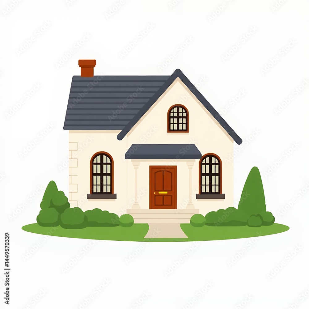 Naklejka premium an image of a small white house with a black roof, there is a small white house with a black roof and a brown door