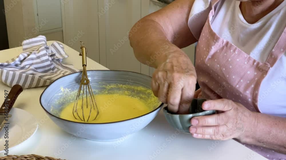 Senior woman adding salt and whisking ingredients in a bowl